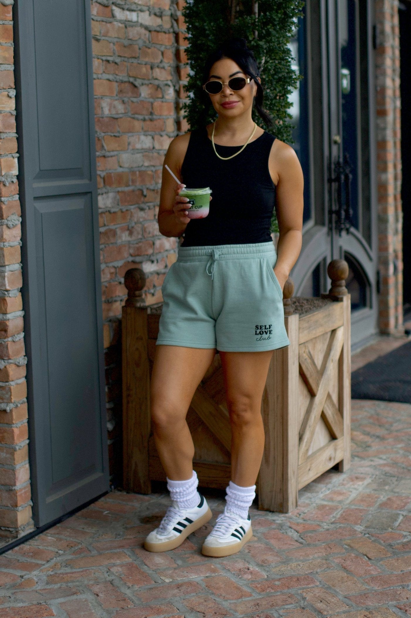 green fleece shorts women